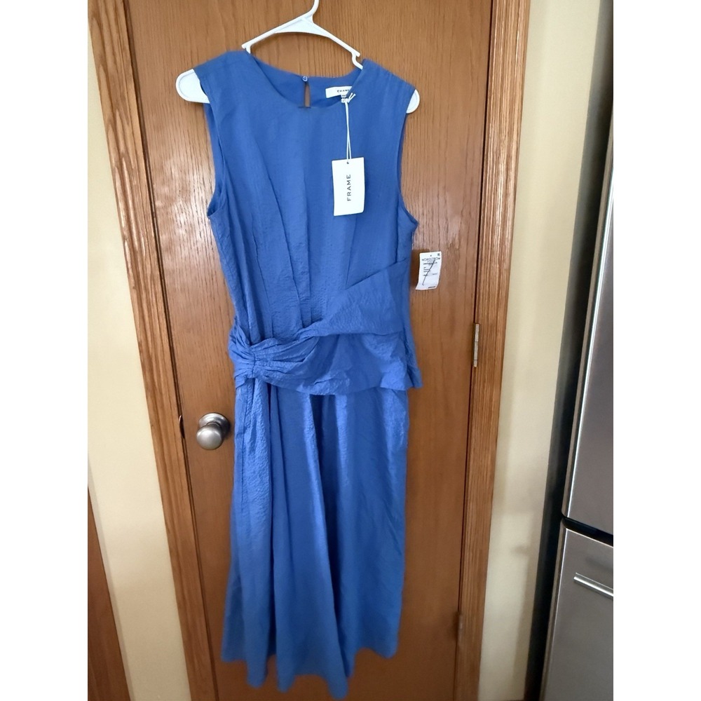 FRAME NWT blue midi dress, ruched sleeveless cotton midi dress, Size M